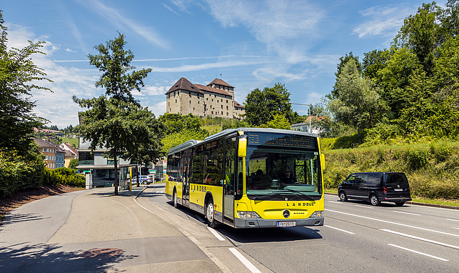Ein Landbus steht an der Haltestelle Rösslepark. Im Hintergrund ist die Schattenburg zu sehen. 