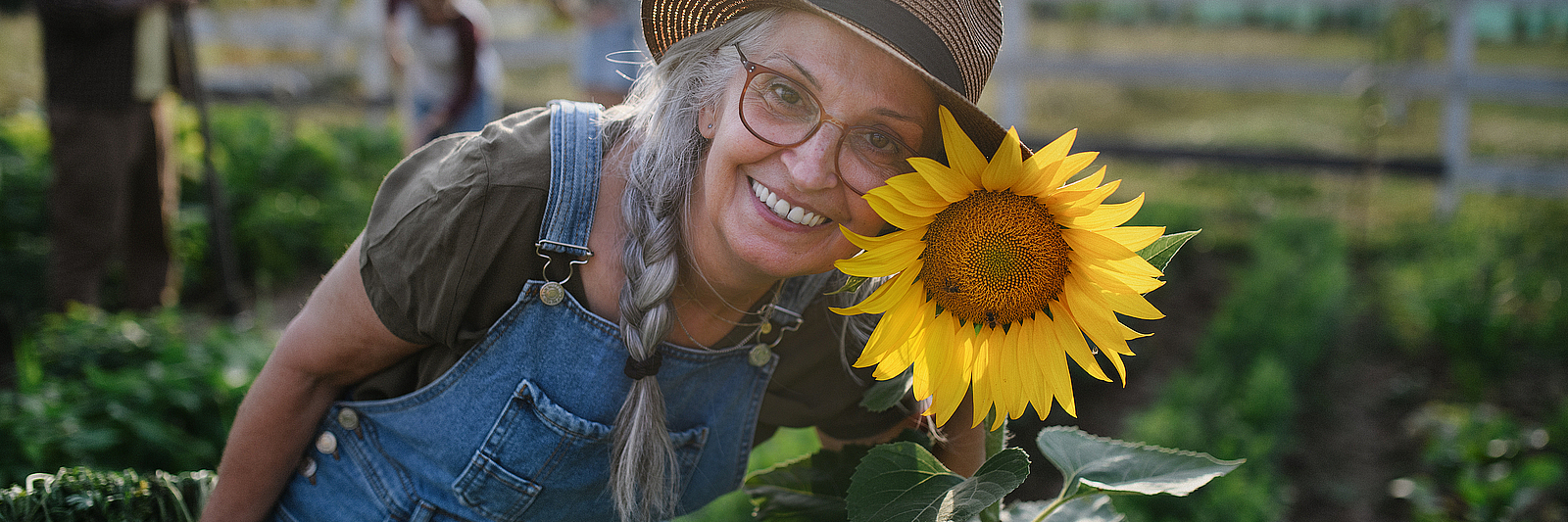 Senior female farmer with sunflower looking at camera outdoors at community farm.